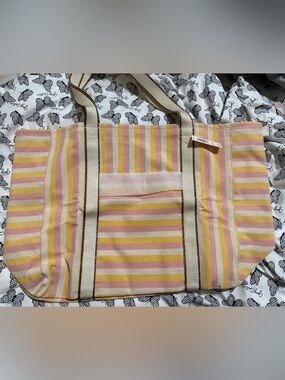 Victoria's Secret Pink and Yellow Striped Canvas Tote with Cream Straps